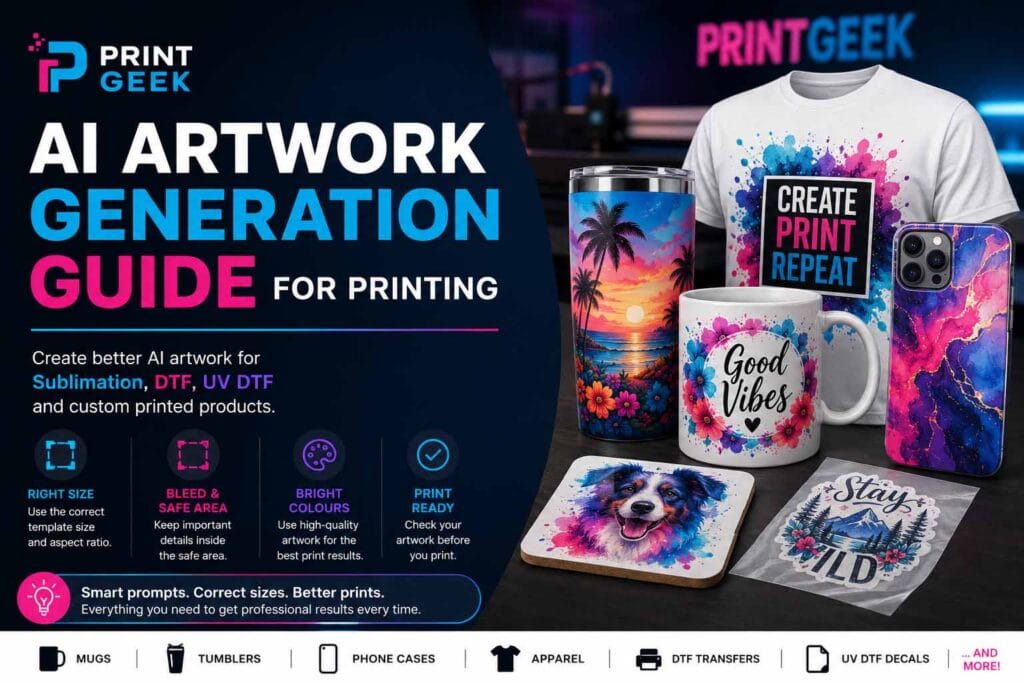 AI artwork generation guide for printing, showing print-ready artwork concepts for sublimation, DTF, UV DTF and custom products.