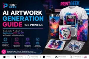AI artwork generation guide for printing, showing print-ready artwork concepts for sublimation, DTF, UV DTF and custom products.