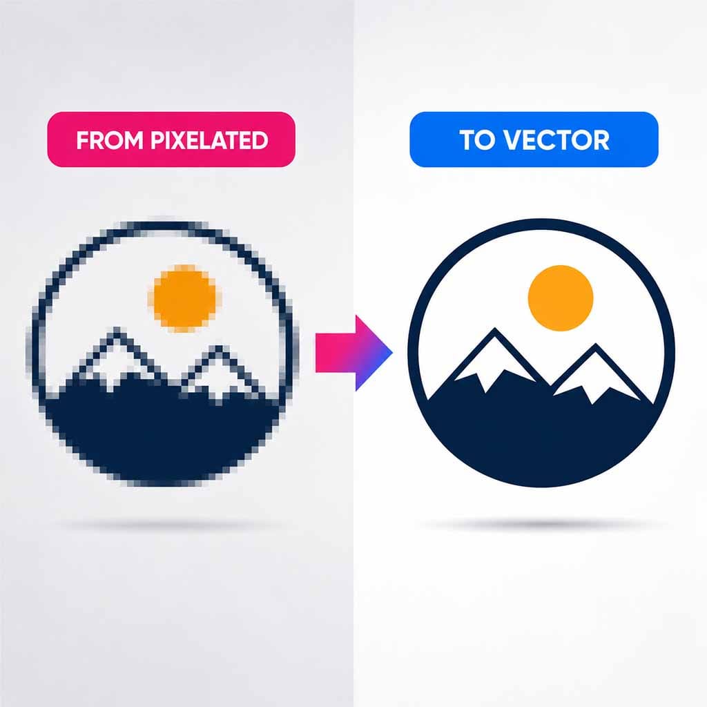 Simple logo vectorisation example showing pixel artwork converted to vector artwork.