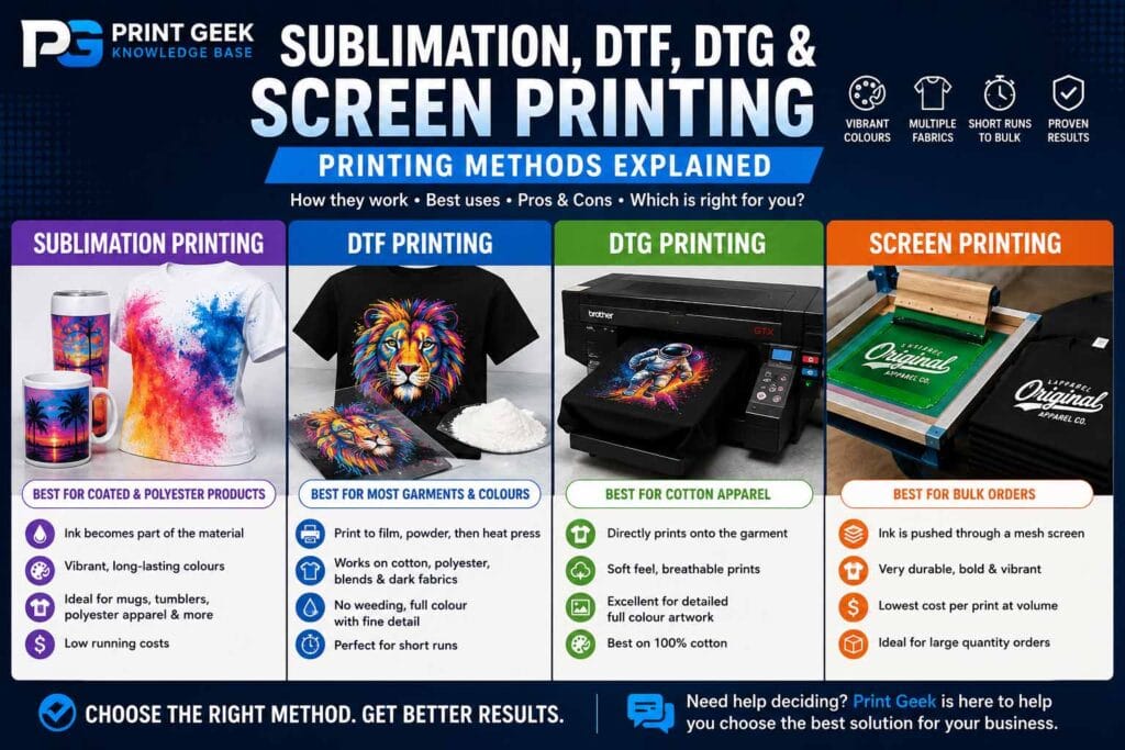 Sublimation DTF DTG and screen printing methods explained with comparison of best uses, fabrics, products, pros and cons