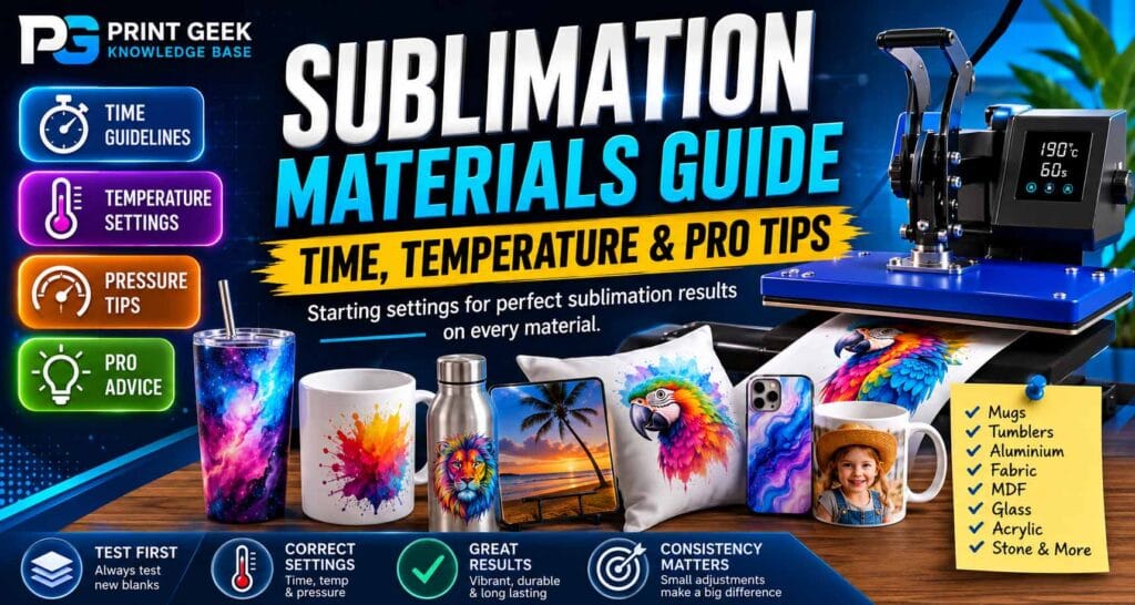 Sublimation printer maintenance guide showing nozzle checks, head cleaning, ink flow management, test prints, paper feed care and troubleshooting