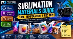 Sublimation materials guide showing time, temperature and pressure tips for mugs, tumblers, aluminium, fabric, MDF, glass, acrylic and sublimation blanks