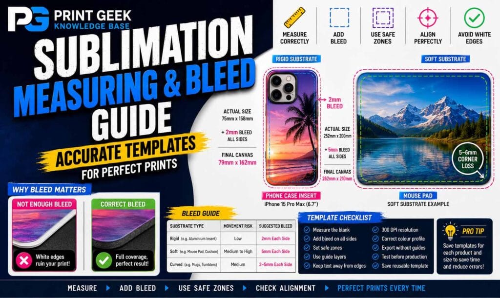 Sublimation measuring and bleed guide showing accurate templates, bleed areas, safe zones, phone case insert, mouse pad, alignment and white edge prevention