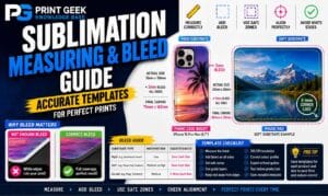 Sublimation measuring and bleed guide showing accurate templates, bleed areas, safe zones, phone case insert, mouse pad, alignment and white edge prevention