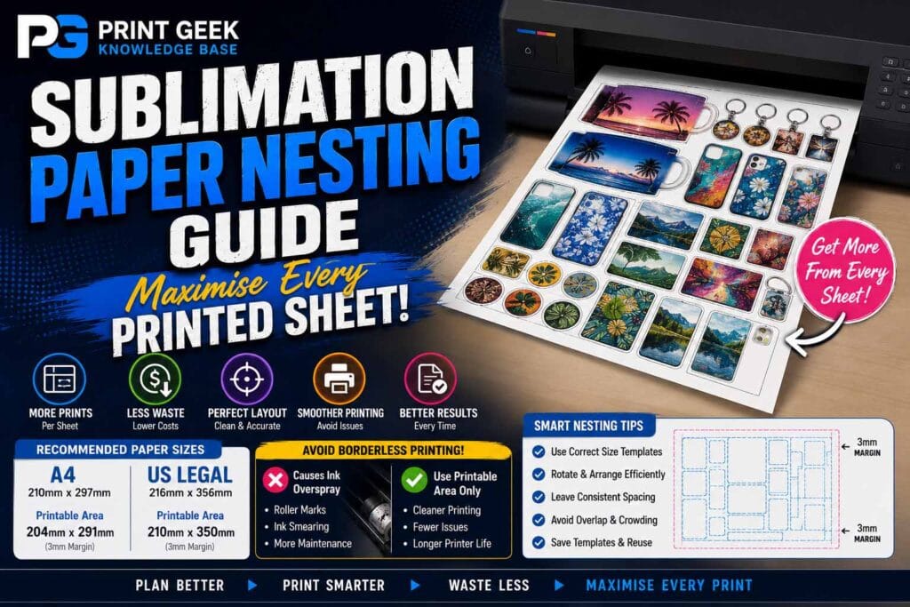 Sublimation paper nesting guide showing how to arrange multiple designs on one sheet, reduce paper waste, avoid borderless printing and maximise every printed sheet