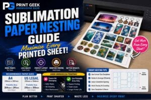 Sublimation paper nesting guide showing how to arrange multiple designs on one sheet, reduce paper waste, avoid borderless printing and maximise every printed sheet