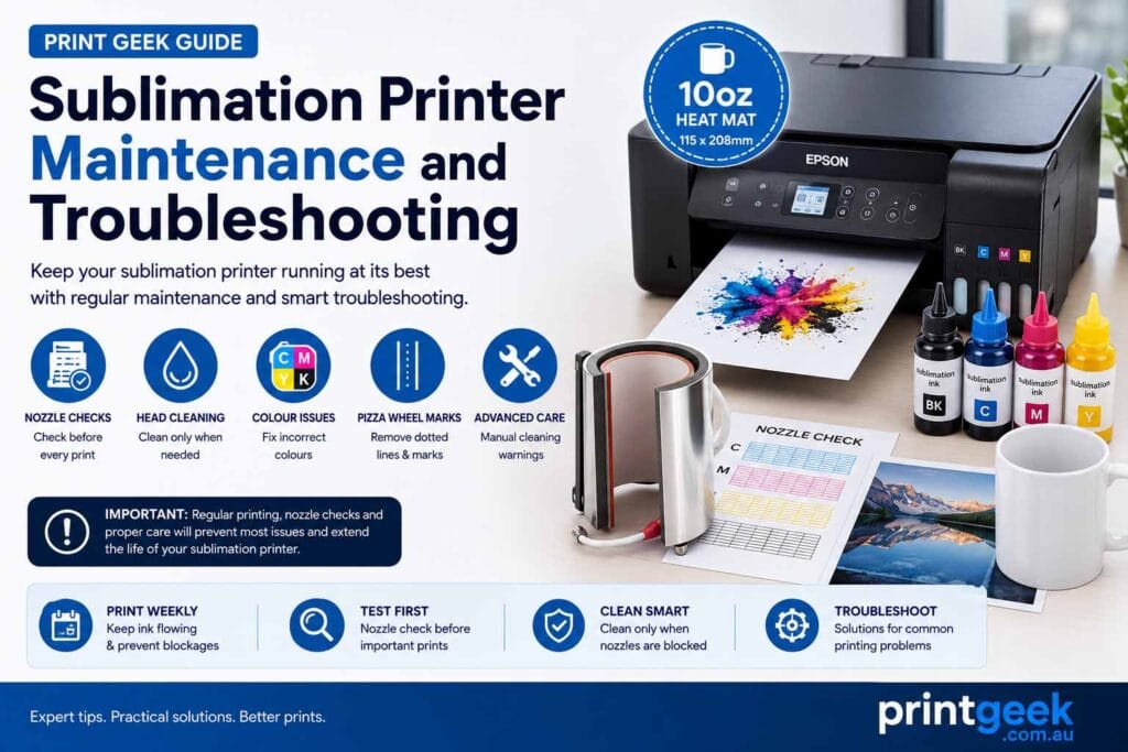 Sublimation printer maintenance and troubleshooting guide showing nozzle checks, head cleaning, colour issues, pizza wheel marks and printer care tips.