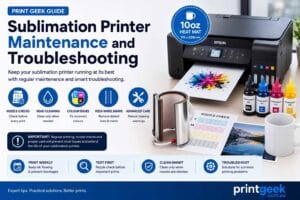 Sublimation printer maintenance and troubleshooting guide showing nozzle checks, head cleaning, colour issues, pizza wheel marks and printer care tips.