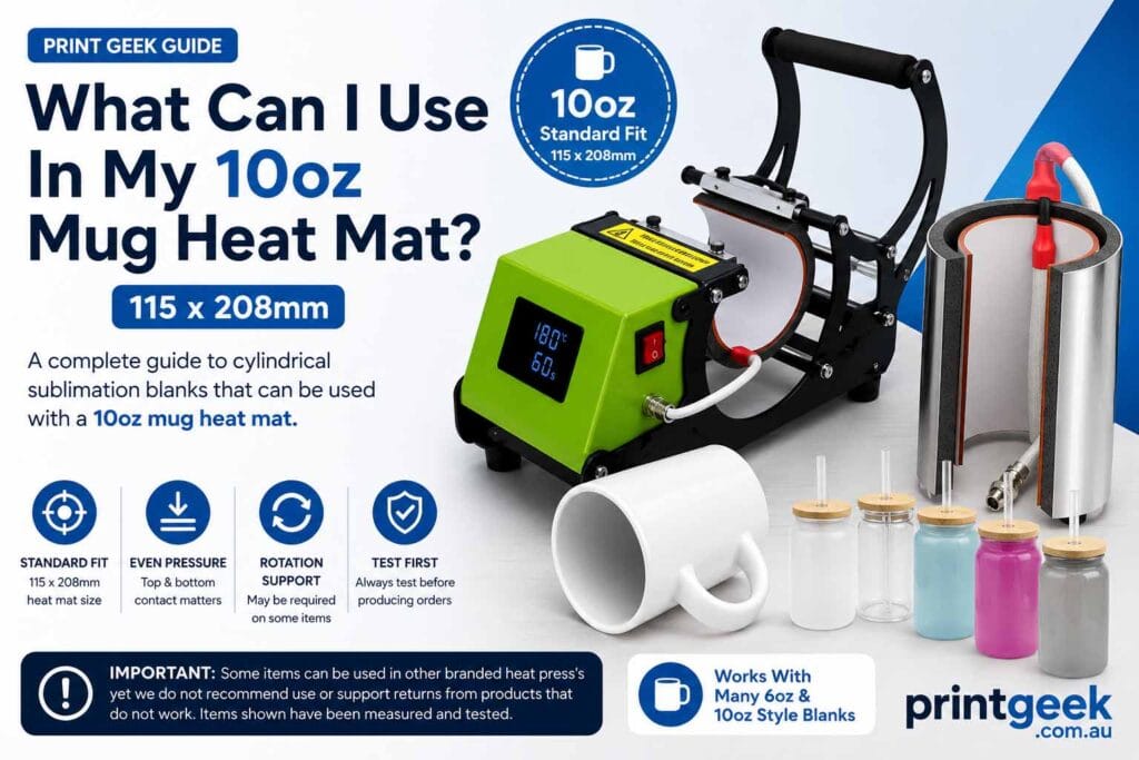 10oz mug heat mat compatibility guide showing a 115 x 208mm heat mat, small sublimation mugs, jars, tumblers and mug press.