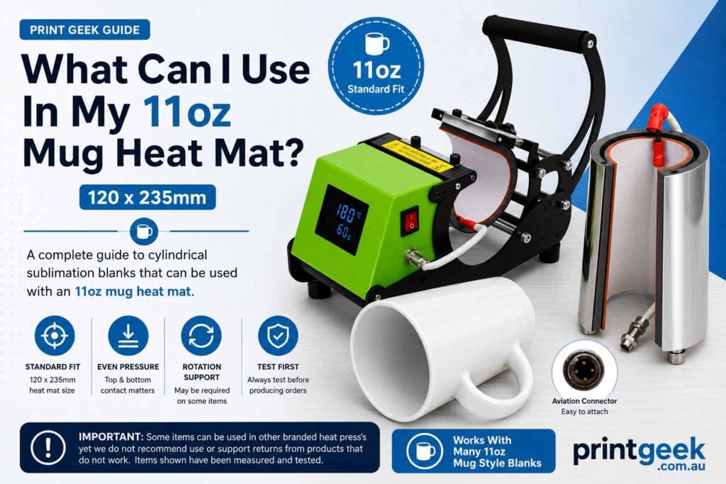11oz mug heat mat compatibility guide showing a 120 x 235mm heat mat, ceramic mug, mug press and fit pressure tips.
