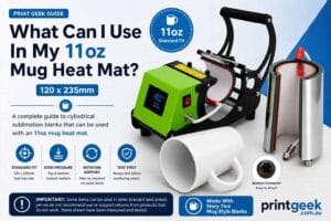 11oz mug heat mat compatibility guide showing a 120 x 235mm heat mat, ceramic mug, mug press and fit pressure tips.