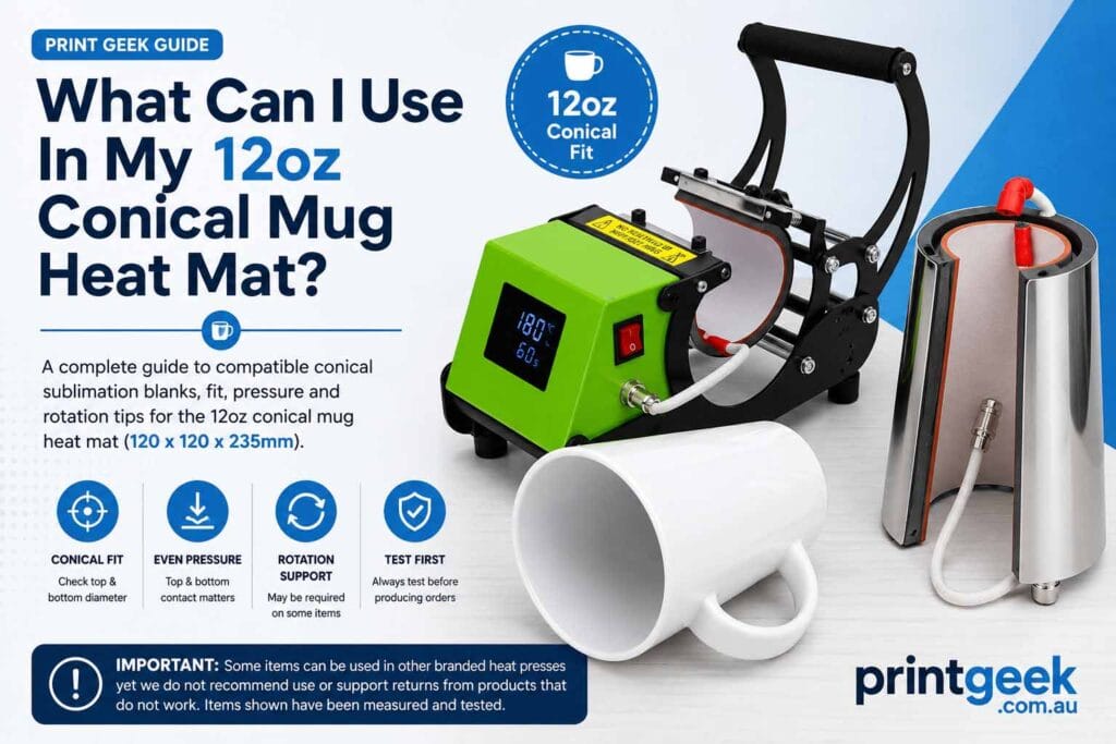 12oz conical mug heat mat compatibility guide showing a tapered mug, conical heat mat, mug press and fit pressure tips.