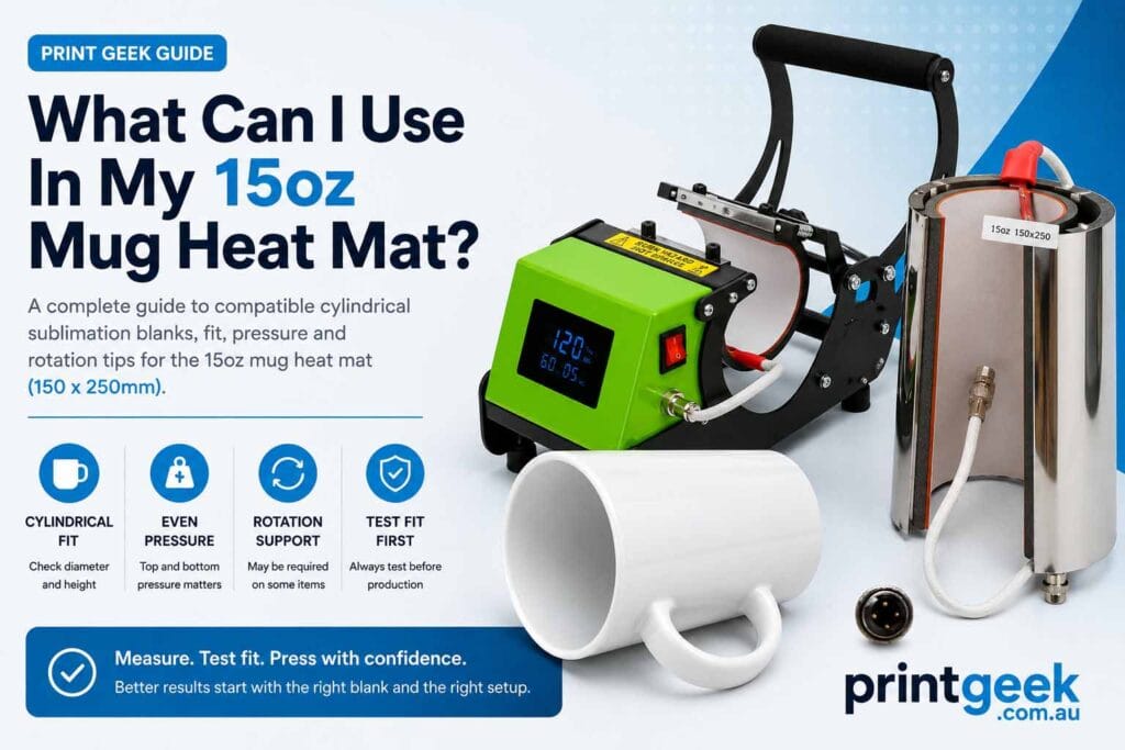 15oz mug heat mat compatibility guide showing a 150 x 250mm heat mat, ceramic mug, mug press and fit pressure tips.