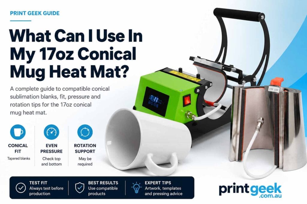 17oz conical mug heat mat compatibility guide showing a tapered mug, conical heating element, mug press and fit pressure tips.
