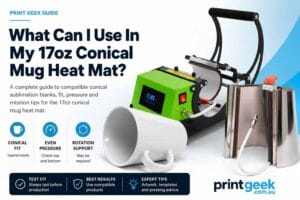 17oz conical mug heat mat compatibility guide showing a tapered mug, conical heating element, mug press and fit pressure tips.