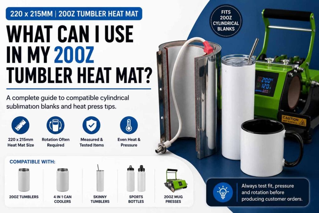 20oz tumbler heat mat compatibility guide showing a 220 x 215mm heat mat, tumblers, can coolers, sports bottles and heat press.
