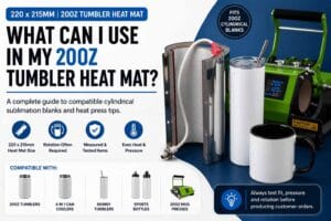 20oz tumbler heat mat compatibility guide showing a 220 x 215mm heat mat, tumblers, can coolers, sports bottles and heat press.