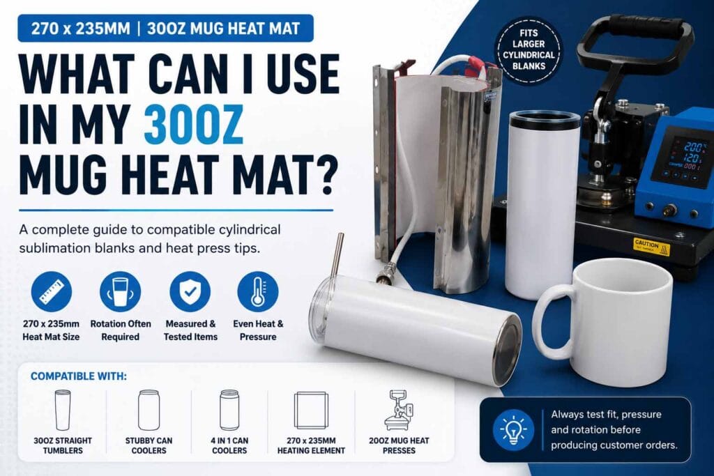 30oz mug heat mat compatibility guide showing a 270 x 235mm heat mat, tumbler blanks, can coolers, mug press and rotation tips.
