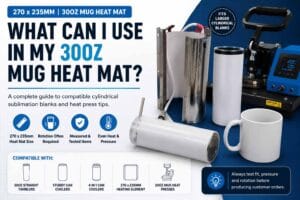 30oz mug heat mat compatibility guide showing a 270 x 235mm heat mat, tumbler blanks, can coolers, mug press and rotation tips.