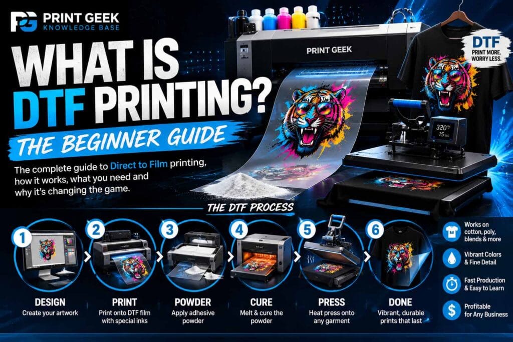 What is DTF printing beginner guide showing the direct to film process, transfer film, ink, adhesive powder, curing and heat pressing