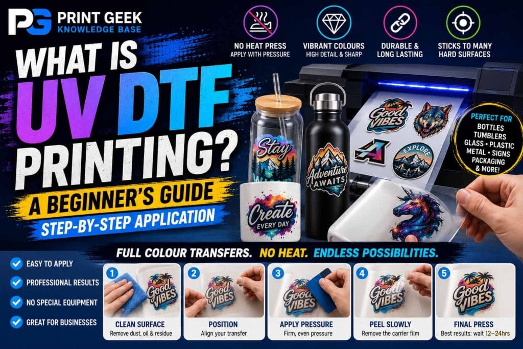 What is UV DTF printing beginner guide showing step-by-step application, no heat press, full colour transfers, bottles, tumblers, glass, plastic and hard surface decoration