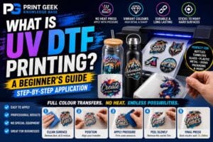 What is UV DTF printing beginner guide showing step-by-step application, no heat press, full colour transfers, bottles, tumblers, glass, plastic and hard surface decoration